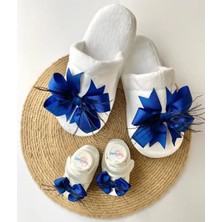 İrembaby Anne Bebek Lohusa Seti Lacivert Tüylü Fiyonklu Terlik ve Bebek Ayakkabısı Lohusa Takımı Çekim-Mevlüt