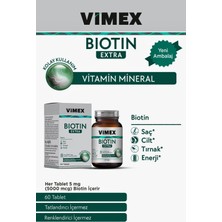Vimex Biotin Extra 5 mg (5000 mcg) 60 Tablet - Saç, Cilt ve Tırnak - Kolay Kullanım - Tatlandırıcı ve Renklendirici İçermez