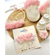 İrembaby Anne Bebek Lohusa Seti Beyaz Çiçekli Incili Lohusa Tacı Terliği Bebek Ayakkabısı ve Şapkası Takımı