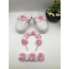 İrembaby Pembe Beyaz Çiçekli Lohusa Seti Taç Terlik Bandana Seti Pamuk Kumaş L Model