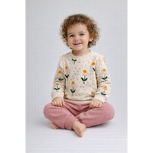 Dinamik çocuk Kız Bebek Çiçek Desenli Dantelli Kol Detaylı Alt Üst Takım – 2iplik Mevsimlik 3-6-9-12 Ay