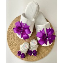 İrembaby Anne Bebek Lohusa Seti Mor Tüylü Fiyonklu Terlik ve Bebek Ayakkabısı Lohusa Takımı Çekim-Mevlüt