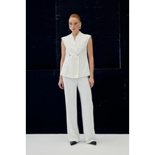 Sateen Anna Çizgili Pantolon - Ekru