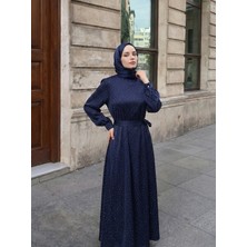 Miostil Saten Taşlı Elbise-Lacivert