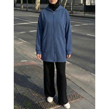 Miostil Kapşonlu Fermuar Detay Hırka-Indigo