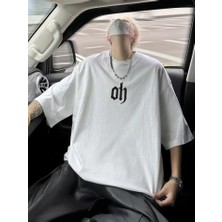 Baskılı Oversize Bisiklet Yaka T-Shirt - Beyaz