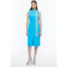 ROMAN Bele Oturan Şerit ve Yırtmaç Detaylı Midi Boy Elbise Mavi YY011006_036