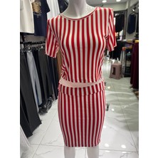 Aslami Tekstil Kırmızı - Beyaz Çizgili Kadın Crop Bluz Mini Kalem Etek Ikili Takım - Esnek Pamuklu Günlük Set