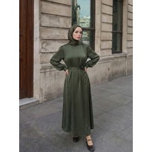 Miostil Saten Taşlı Elbise-Haki