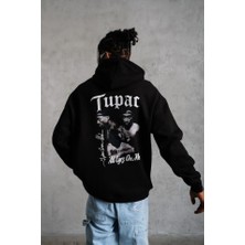 Erkek Oversize Üç Iplik Kapüşonlu Sweat – Siyah Kol ve Etek Ribana Detaylı, Ön ve Sırt Baskılı, Kanguru Cepli Rahat Kalıp Model