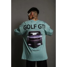 Erkek Oversize Baskılı Tişört – Golf Gtı Retro Araba Desenli, Ön - Arka Dijital Baskı, Sokak Modası Stil - Mint Yeşili