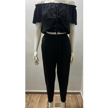 Aslami Tekstil Siyah Kadın Kapalı Omuz Bağcıklı Fırfırlı Crop Bluz Şalvar Ikili Takım - %95 Pamuk Günlük Set
