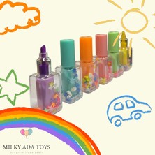 Milky Ada Toys Sevimli Mini Keçeli Kalemler Oje Tasarımlı Renkli Kapaklı 6 Renk Süslü Çekici Tasarım Hediyelik 7 cm