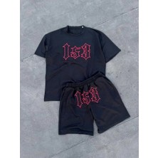 Erkek Nakış Işlemeli Şortlu Takım - Siyah