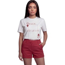 Color Luxe ''queen Of Hearts'' Iskambil Temalı Baskılı %100 Pamuk Rahat Kesim Premium Kadın Tişört