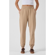 Hdm Kadın Bej Yüksek Bel Lastikli Paça Bağcıklı Rahat Kalıp Jogger Eşofman Altı - H5991