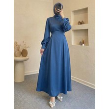 Miostil Kuşak Aksesuar Detay Saten Elbise-Petrol Mavisi