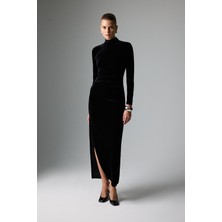 ROMAN Yarım Balıkçı Yaka Drape ve Yırtmaç Detaylı Midi Boy Elbise Siyah K2611301_001