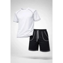 Erkek Spor Tişört Şort Takım Kontrast Dikiş Detaylı Ovarsize Rahat Kalıp - Beyaz