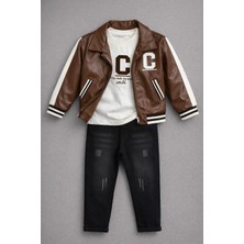 Selvira Erkek Çocuk 3’lü Kombin Set – Suni Deri Ceket, Baskılı Uzun Kollu Tişört ve Siyah Kot Pantolon