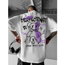 Baskılı Oversize Bisiklet Yaka T-Shirt - Beyaz