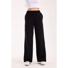 Hdm Kadın Siyah Yüksek Bel Geniş Paça Rahat Kalıp Basic Günlük Eşofman Altı - H5992