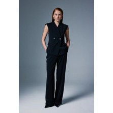 Sateen Anna Çizgili Pantolon - Siyah