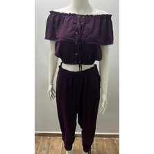 Aslami Tekstil Mor Kadın Kapalı Omuz Bağcıklı Fırfırlı Crop Bluz Şalvar Ikili Takım - %95 Pamuk Günlük Set
