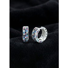 Roza Silver 925 Ayar Mix Taşlı Rodyum Üç  Sıra Huggie Halka Gümüş Küpe