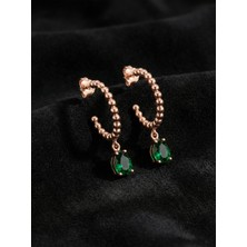Roza Silver 925 Ayar Zümrüt Taşlı Rose Damla Motifli Tektaş Halka Gümüş Küpe