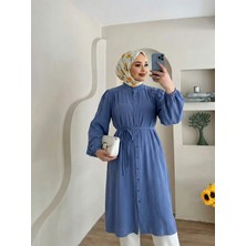 Miostil Hakim Yaka Omuz Büzgü Uzun Tunik-Indigo