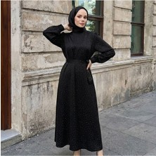 Miostil Saten Taşlı Elbise-Siyah