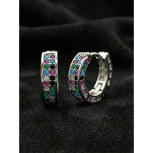 Roza Silver 925 Ayar Mix Taşlı Rodyum Iki Sıra Huggie Halka Gümüş Küpe