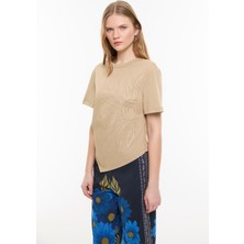 ROMAN Güneş Nakışlı Asimetrik T-Shirt Kahve YY023837_005