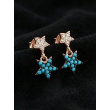 Roza Silver 925 Ayar Turkuaz Taşlı Rose Iki Sıra Yıldız Çivili Gümüş Küpe