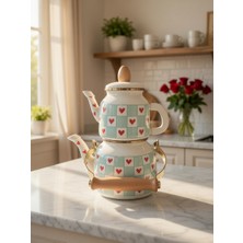 Alev Emaye Kalpli Emaye Çaydanlık Seti Beyaz-Mavi-Kırmızı - Damalı Desenli Çift Katlı Çaydanlık,