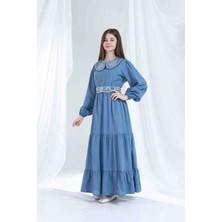 Bebe Yaka Nakışlı Kız Çocuk Elbisesi