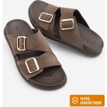 Marjin Kadın Hakiki Deri Çift Bantlı Altın Tokalı Günlük Terlik Dorsin Kahve Süet