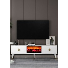 Demonte Decor TV0058-TXA150DD-32 Şömineli Tv Sehpası Beyaz-Altın