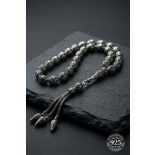 Erdobia 925 Ayar Oval Kesim 3 Kamçılı Püskül Orta Boy Kafes Işlemeli Otantik Gümüş Tesbih