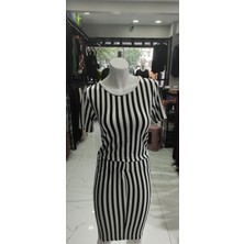 Aslami Tekstil Siyah - Beyaz Çizgili Kadın Crop Bluz Mini Kalem Etek Ikili Takım - Esnek Pamuklu Günlük Set