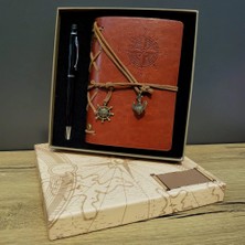 Kahverengi Pusula Tasarım Deri Defter ve Siyah Kalem Seti Nemere