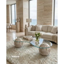 Modern Orta Sehpa & Top Sehpa Cam Sehpa & Küre Orta Sehpa - Pleks Mermer Desen Top - Fasulye - Şeffaf Cam