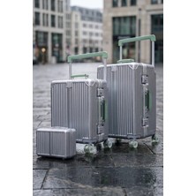 Zeplin Boxy Pc Policarbon 3'lü Valiz Seti (Kabin Orta ve Makyaj) Silver-Yeşil