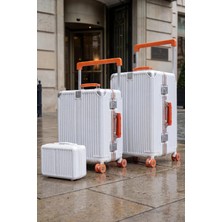 Zeplin Boxy Pc Policarbon 3'lü Valiz Seti (Kabin Orta ve Makyaj) Beyaz-Turuncu