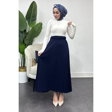 Tesettür Diyarı Kadın Krep Kumaş Pileli Etek-Lacivert