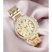 Zarif ve Şık Özel Tasarım Zirkon Taşlı Metal Bayan Kol Saati (Gold) Nemere