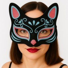 Siyah Renk Süet Kaplama Üzeri Mavi Kırmızı Simli Kedi Maskesi 17X14 cm Nemere