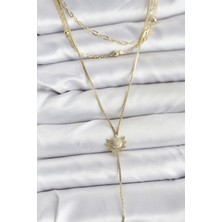 Pirinç Gold Renk Zirkon Taşlı Güneş Model Detaylı 3'lü Kombin Y Kadın Kolye Nemere