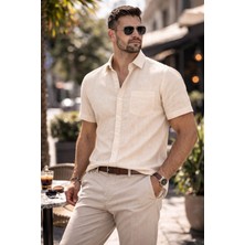 Colvis Man Erkek Klasik Kısa Kollu Likralı Keten Gömlek Hediye Kutulu